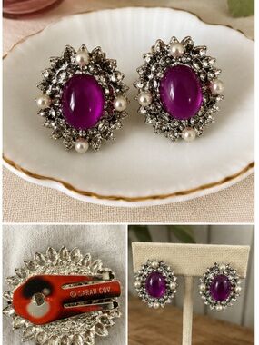 Vintage Sarah Coventry "Catherine" Purple and Faux Pearl Clip On Earrings